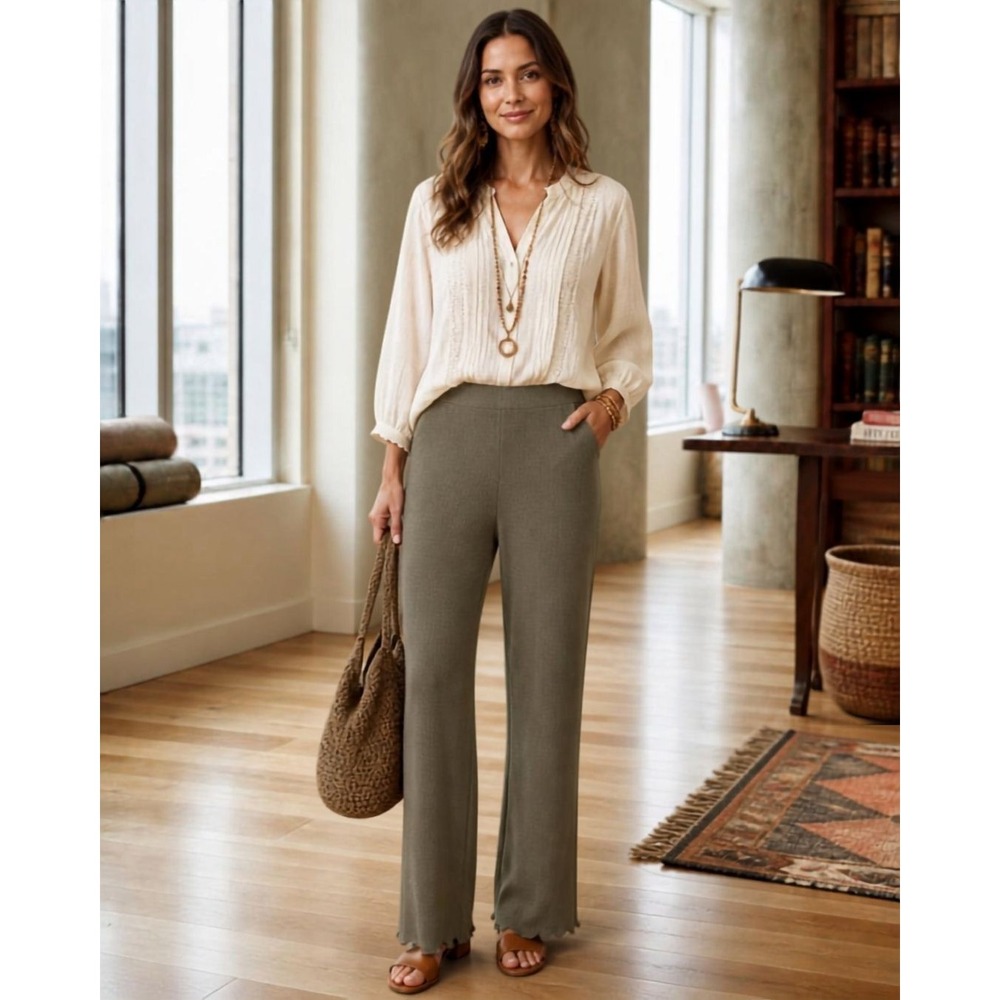 Chico's Travelers Ribbed Knit Wide Leg Pull On Pants Olive Green Size 1 L Slinky